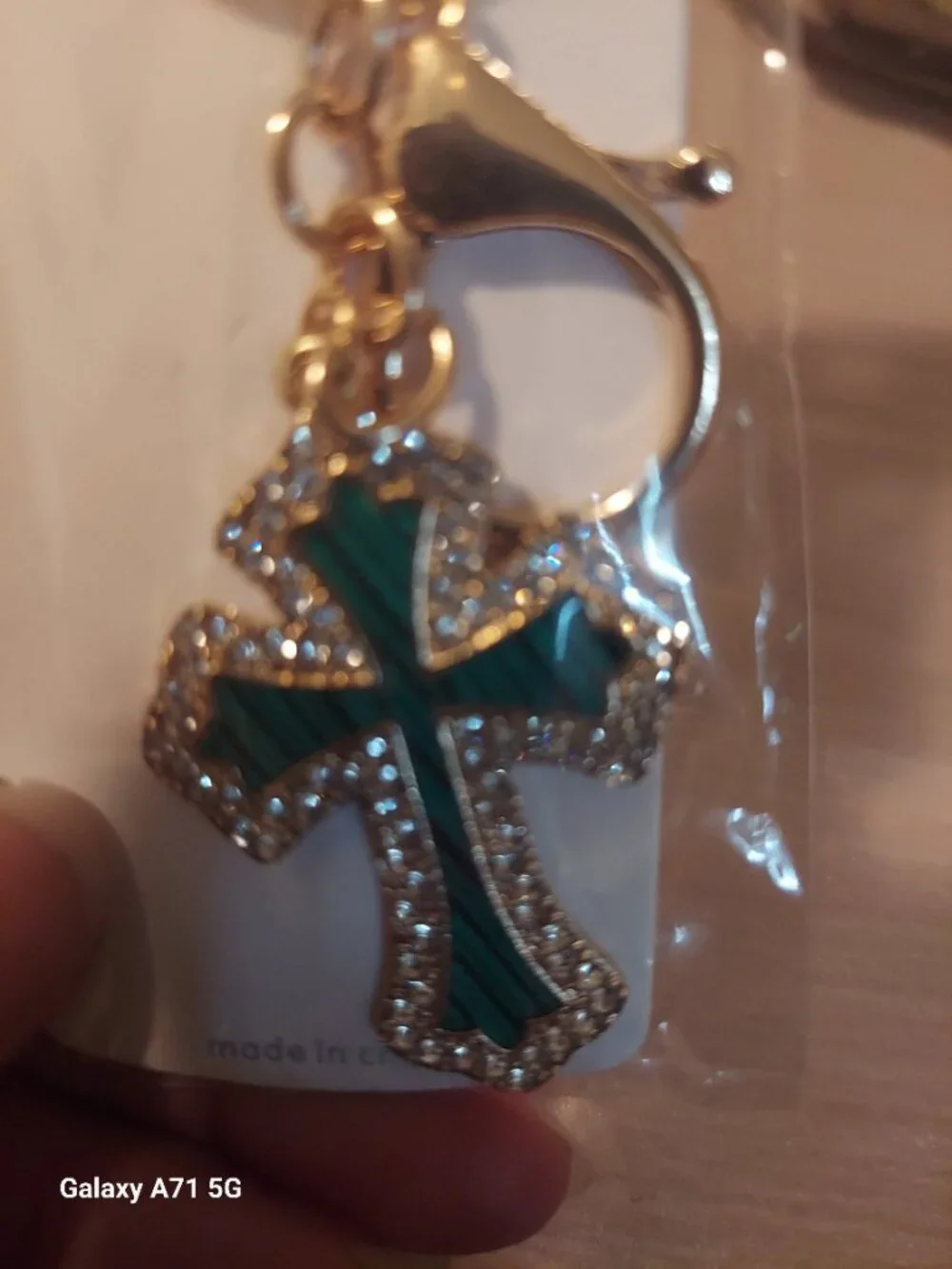 Gold-tone and Green Cross Keychain/ Bagcharm